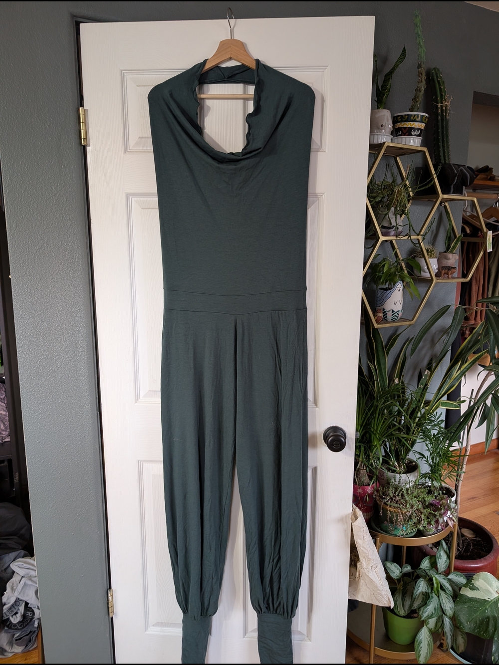 Sleeveless, Backless Cowl Neck Jumpsuit in Forest Green